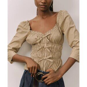 NWT‎ Reformation Lauryn Top Size 10 Brown Gingham Blouse Smocked Bows